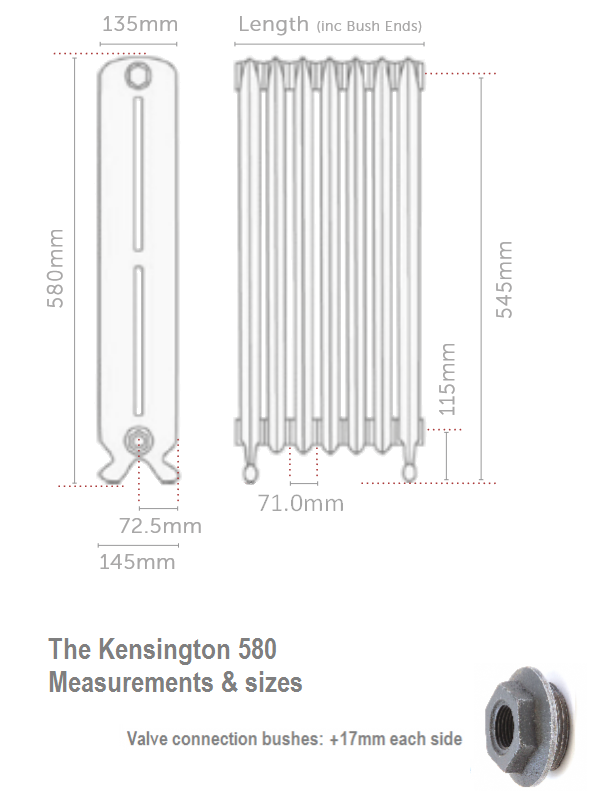 Kensington 580 Cast Iron Radiator - 25 Sections, 580 x 1809mm